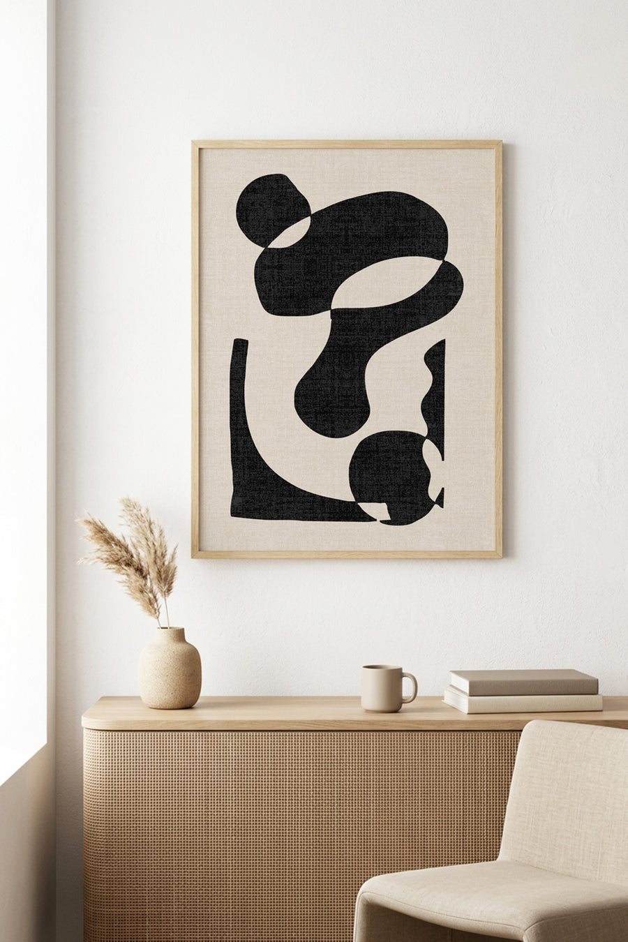 Doğal Ahşap Çerçeveli Soyut Desenli Tablo - Minimal | huhu1003