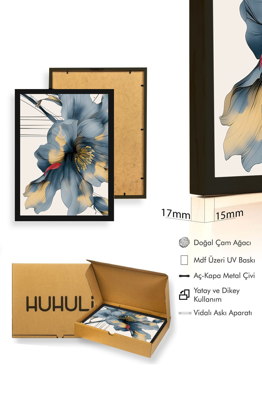 Doğal Ahşap Çerçeveli Çiçek Desenli Tablo - Minimal | huhu1294