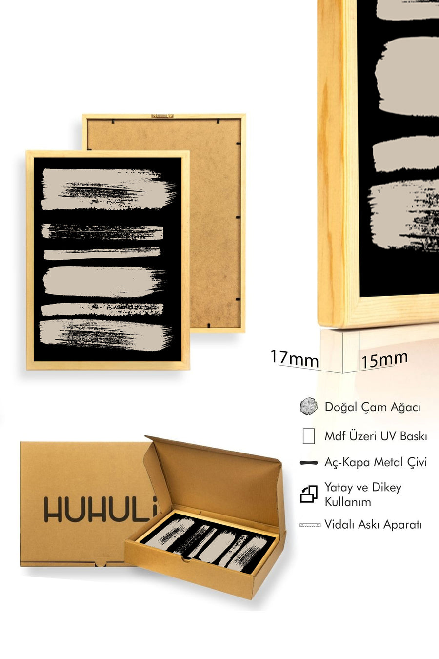 Doğal Ahşap Çerçeveli Soyut Fırça Darbeleri Desenli Tablo - Pastel | huhu1066