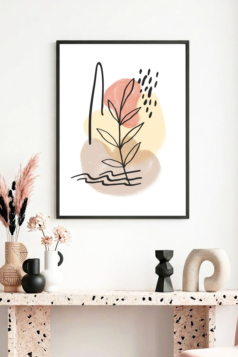 Doğal Ahşap Çerçeveli Minimal Yaprak Desenli Tablo - Pastel Tonlar | huhu1049