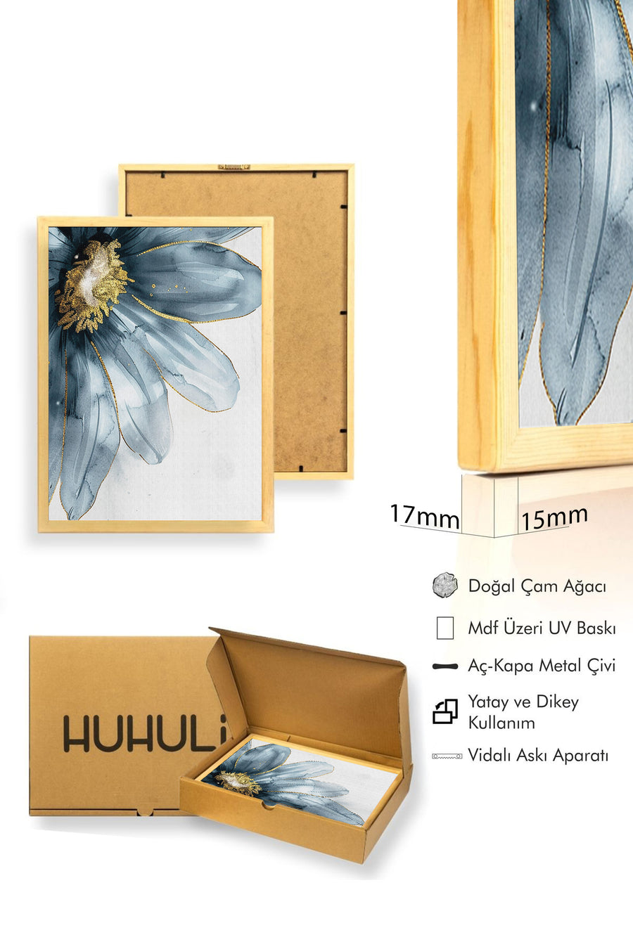 Doğal Ahşap Çerçeveli Çiçek Desenli Tablo - Mavi-Gold | huhu1298