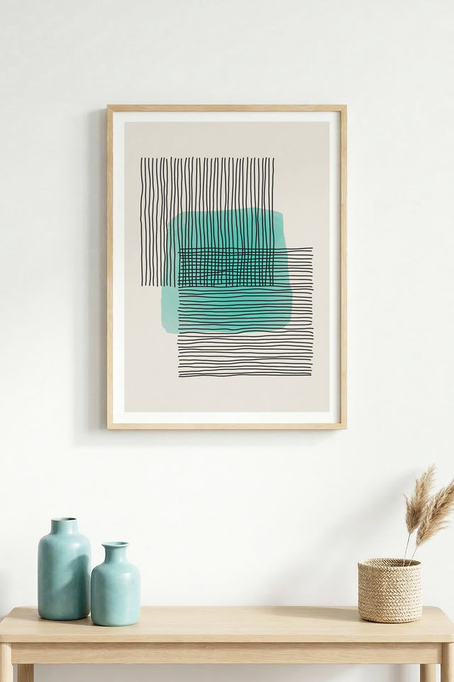 Doğal Ahşap Çerçeveli Minimal Desenli Tablo - Soyut | huhu1556