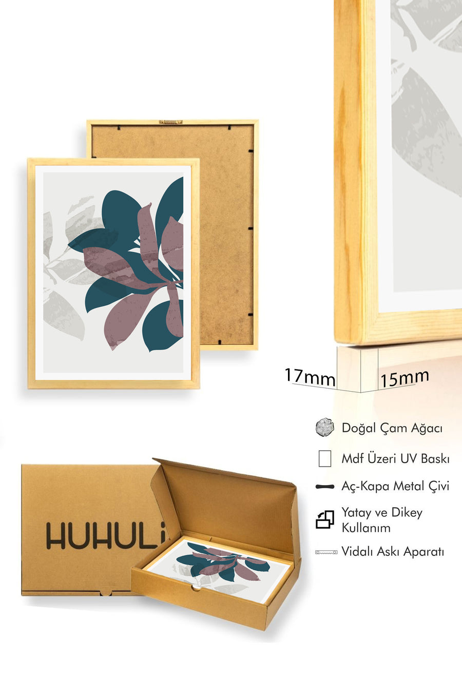 Doğal Ahşap Çerçeveli Soyut Yaprak Desenli Tablo - Canlı Tonlar | huhu1514