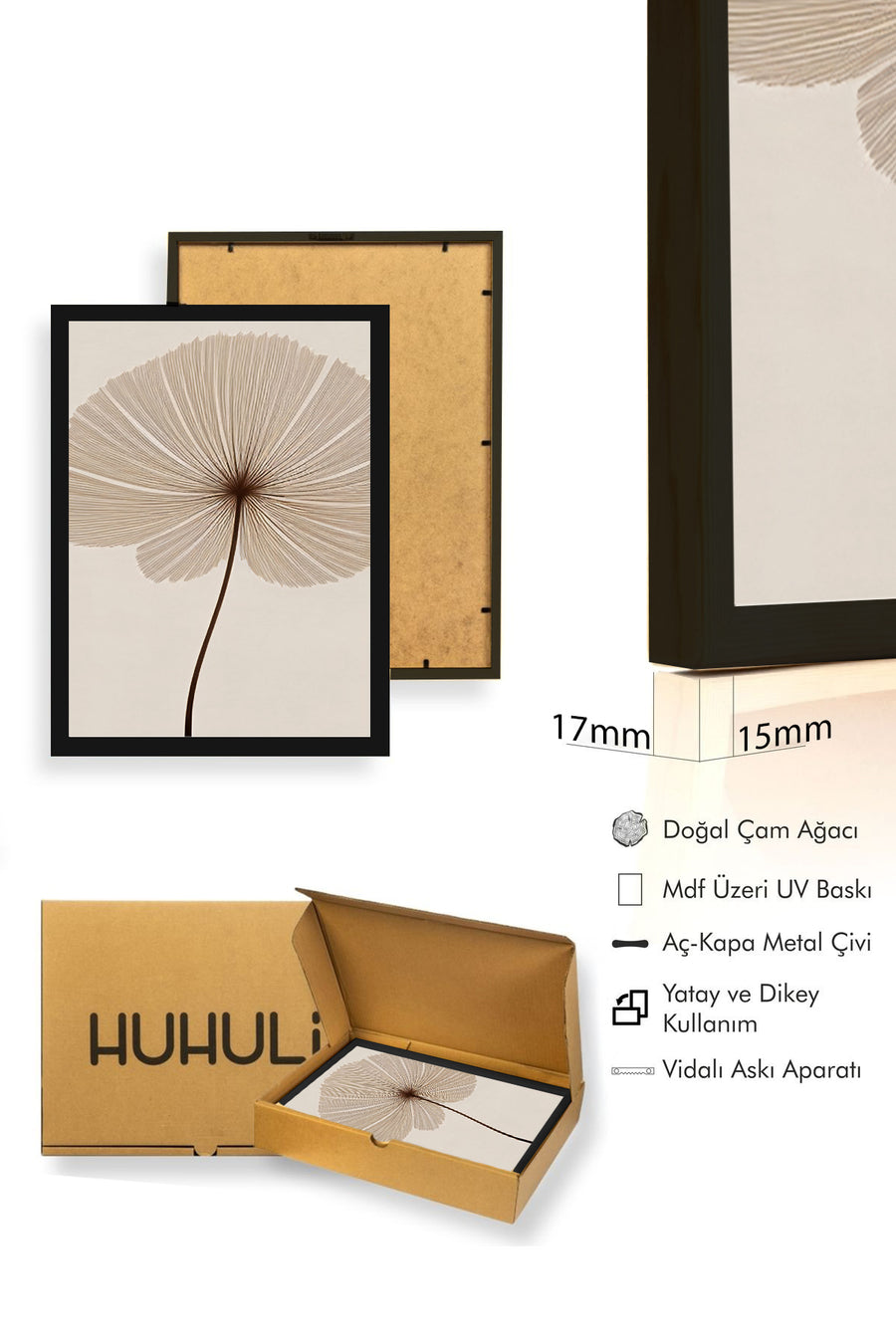 Doğal Ahşap Çerçeveli Minimal Yaprak Desenli Tablo - Pastel | huhu1321