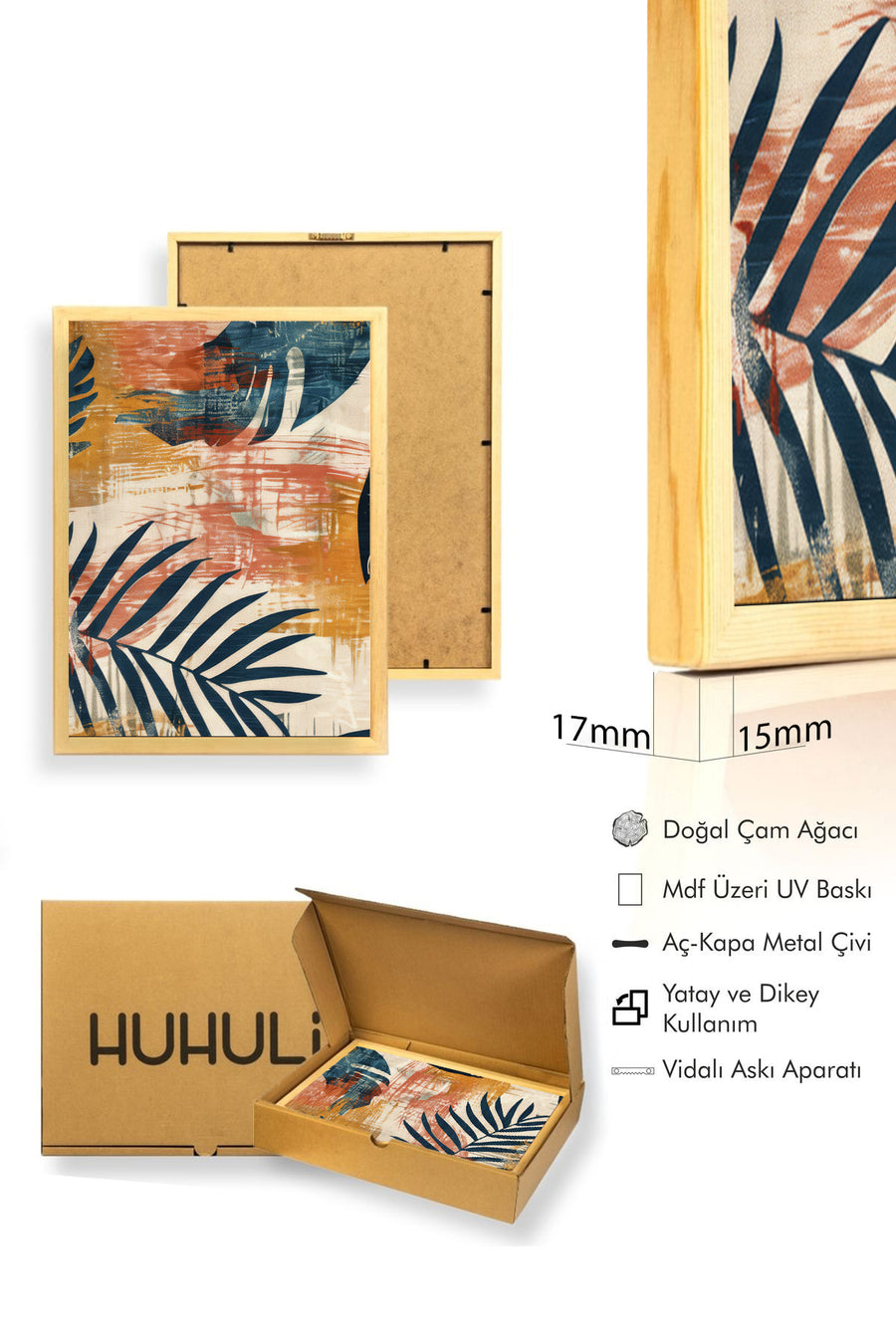 Doğal Ahşap Çerçeveli Soyut Yaprak Desenli Tablo - Canlı Tonlar | huhu1288
