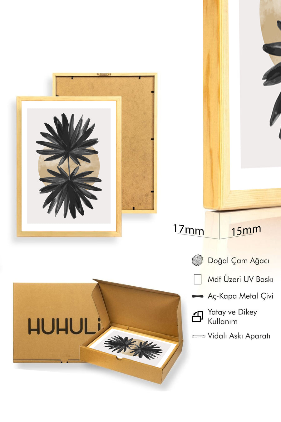 Doğal Ahşap Çerçeveli Minimal Yaprak Desenli Tablo - Siyah-Bej | huhu1028