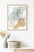 Doğal Ahşap Çerçeveli Minimal Yaprak Desenli Tablo - Pastel Tonlar | huhu1405