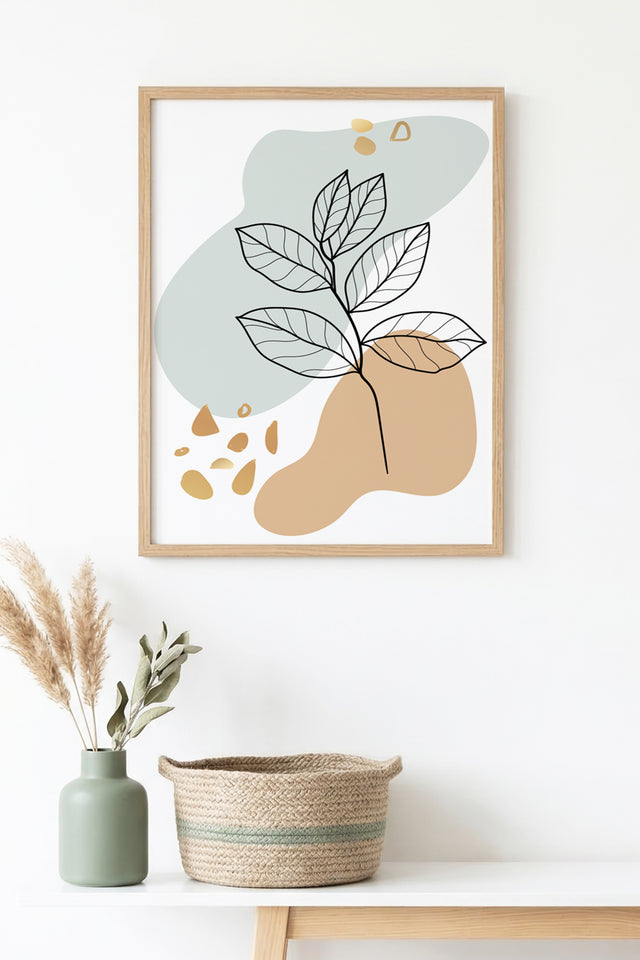 Doğal Ahşap Çerçeveli Minimal Yaprak Desenli Tablo - Pastel Tonlar | huhu1405