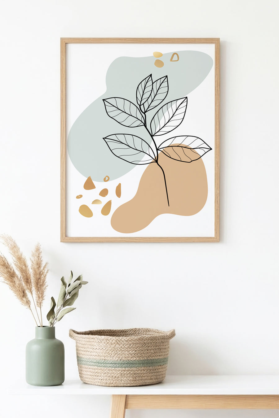 Doğal Ahşap Çerçeveli Minimal Yaprak Desenli Tablo - Pastel Tonlar | huhu1405