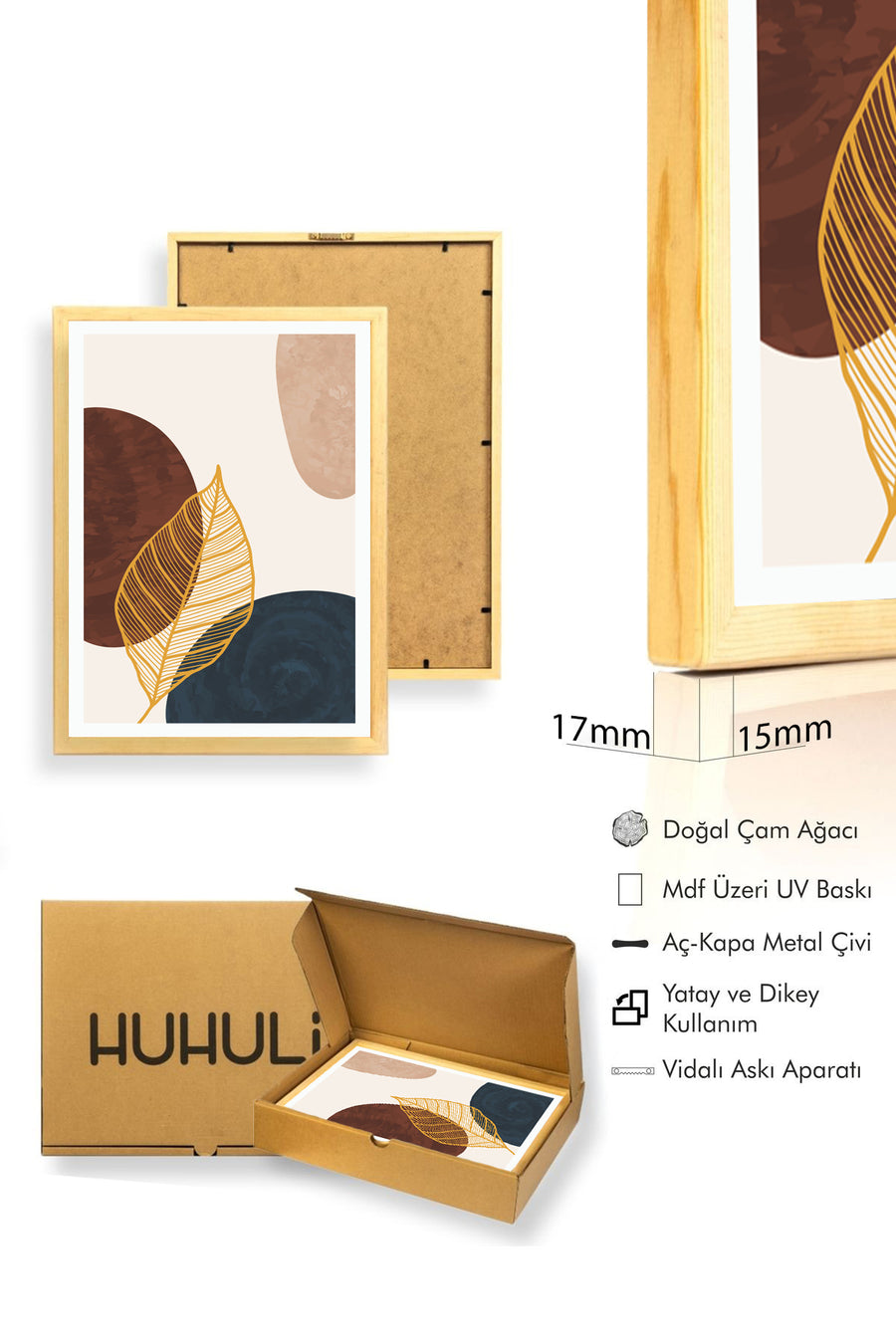 Doğal Ahşap Çerçeveli Minimal Yaprak Desenli Tablo - Canlı Tonlar | huhu1024