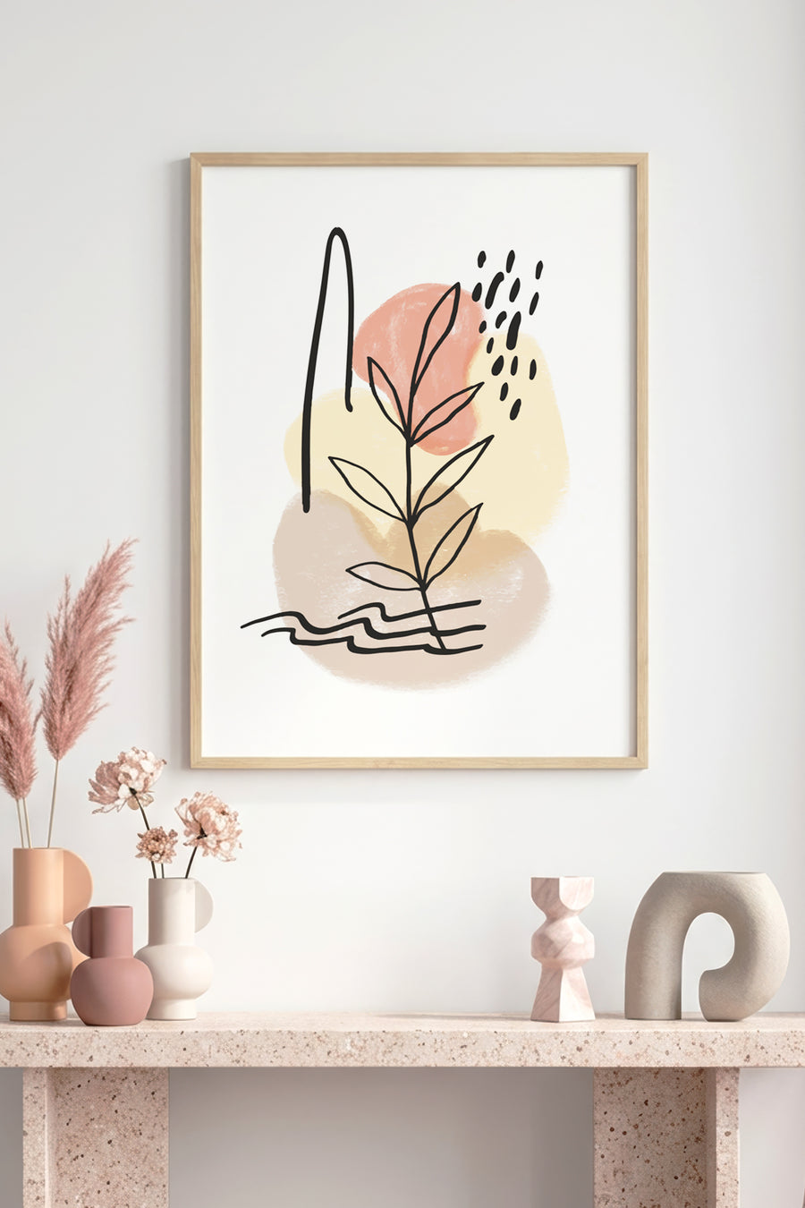 Doğal Ahşap Çerçeveli Minimal Yaprak Desenli Tablo - Pastel Tonlar | huhu1049