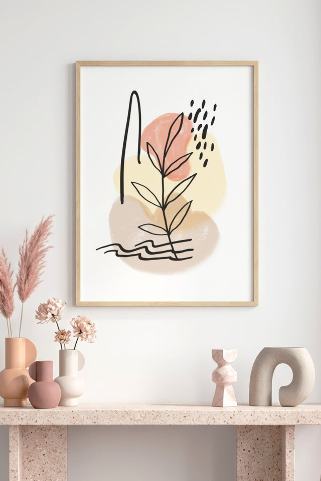 Doğal Ahşap Çerçeveli Minimal Yaprak Desenli Tablo - Pastel Tonlar | huhu1049