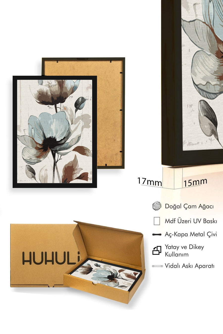 Doğal Ahşap Çerçeveli Çiçek Desenli Tablo - Pastel Tonlar | huhu1312