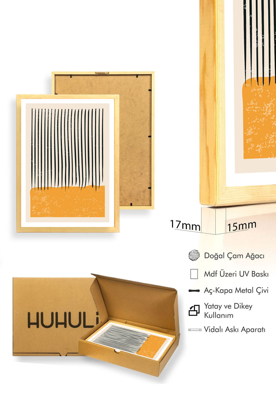 Doğal Ahşap Çerçeveli Minimal Çizgili Tablo - Turuncu | huhu1482