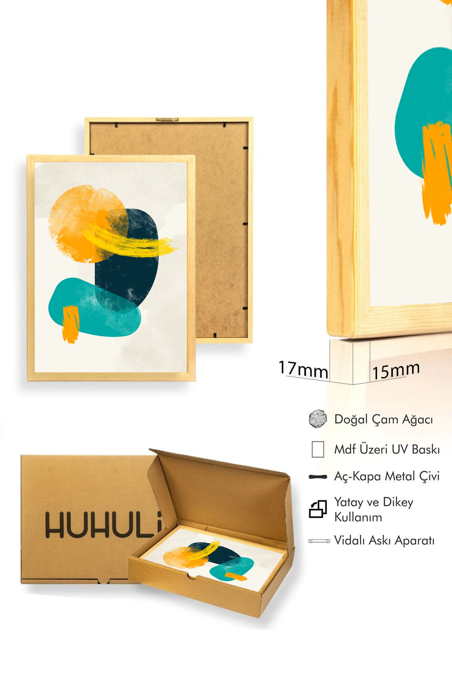 Doğal Ahşap Çerçeveli Soyut Desenli Tablo - Canlı Tonlar | huhu1448
