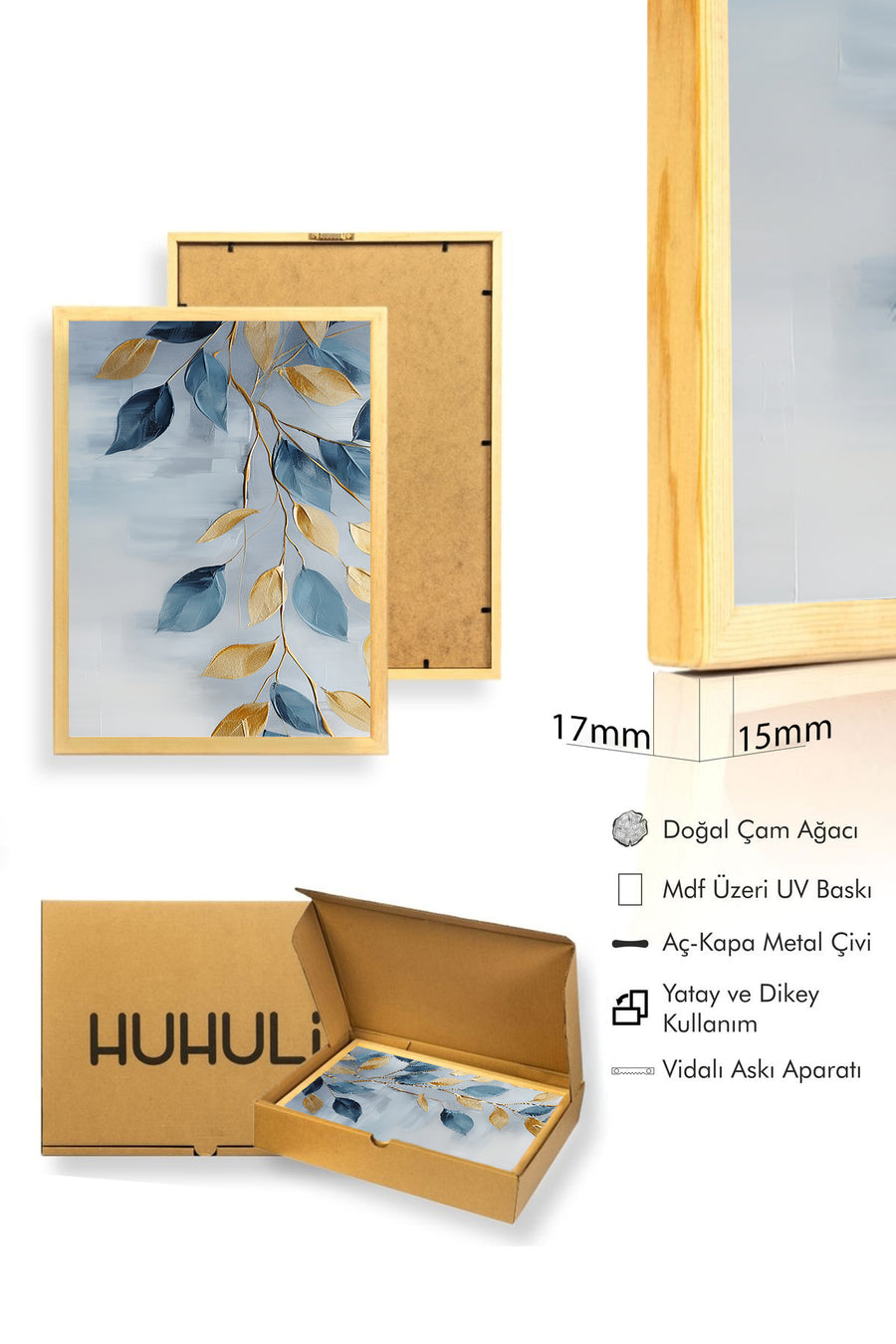 Doğal Ahşap Çerçeveli Yaprak Desenli Tablo - Mavi-Gold | huhu1307