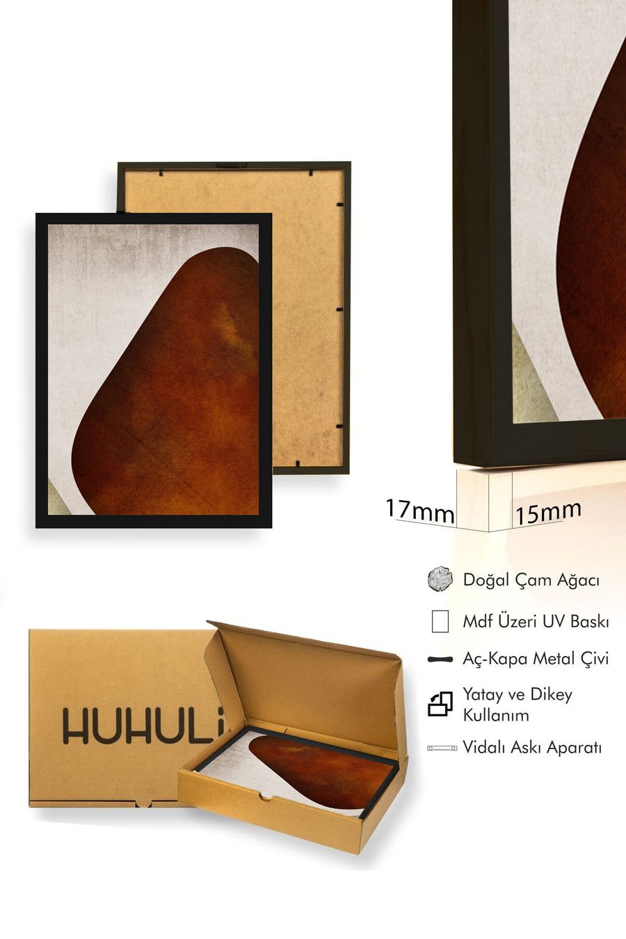 Doğal Ahşap Çerçeveli Minimal Desenli Tablo - Kahverengi | huhu1289