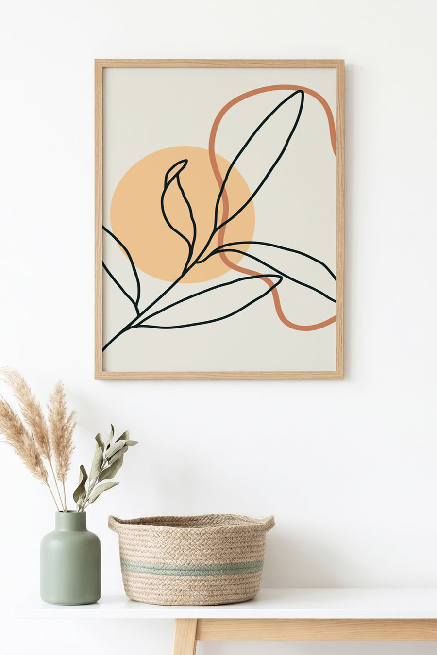 Doğal Ahşap Çerçeveli Minimal Yaprak Desenli Tablo - Pastel Tonlar | huhu1387
