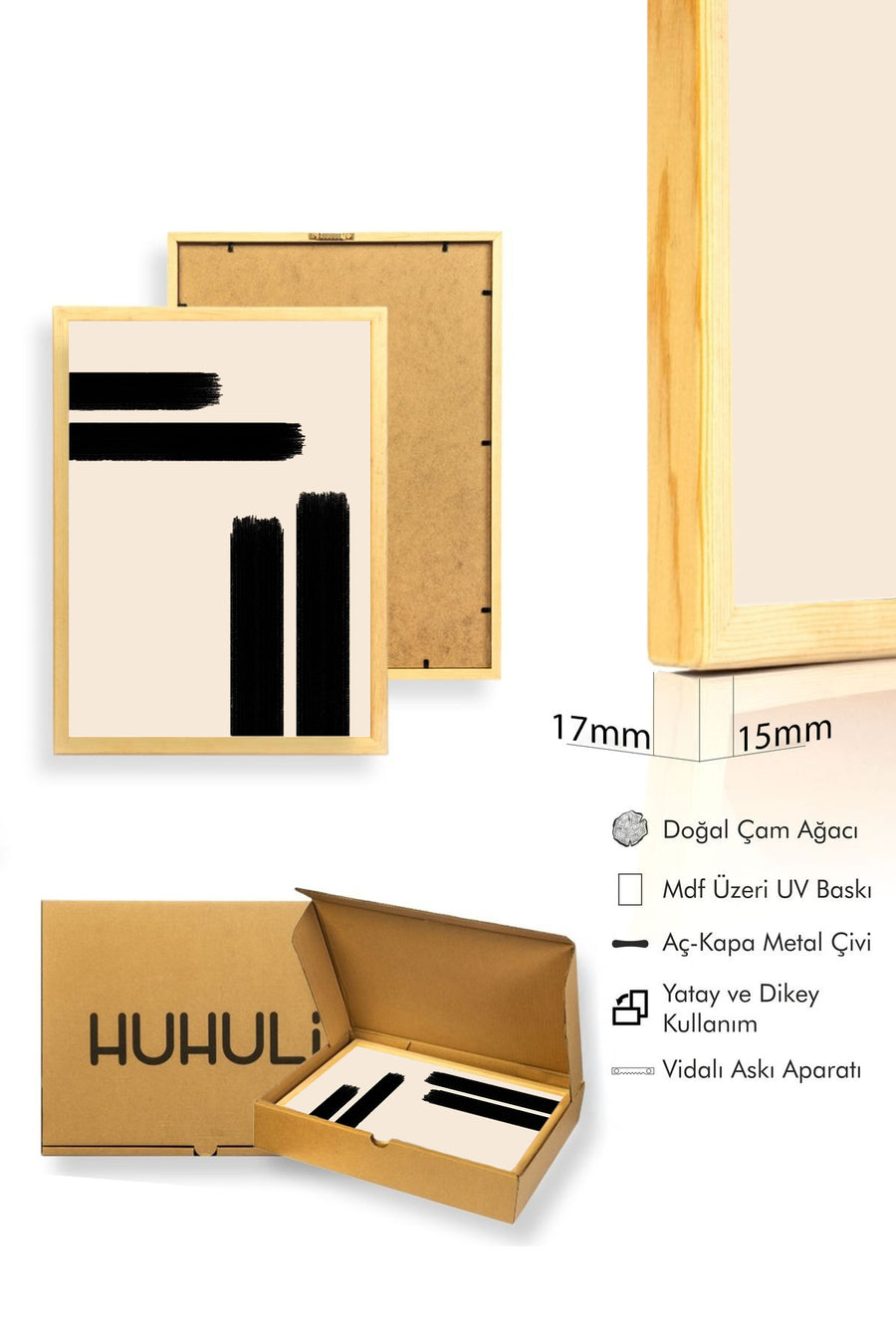 Doğal Ahşap Çerçeveli Minimal Siyah Fırça Desenli Tablo - Pastel | huhu1001