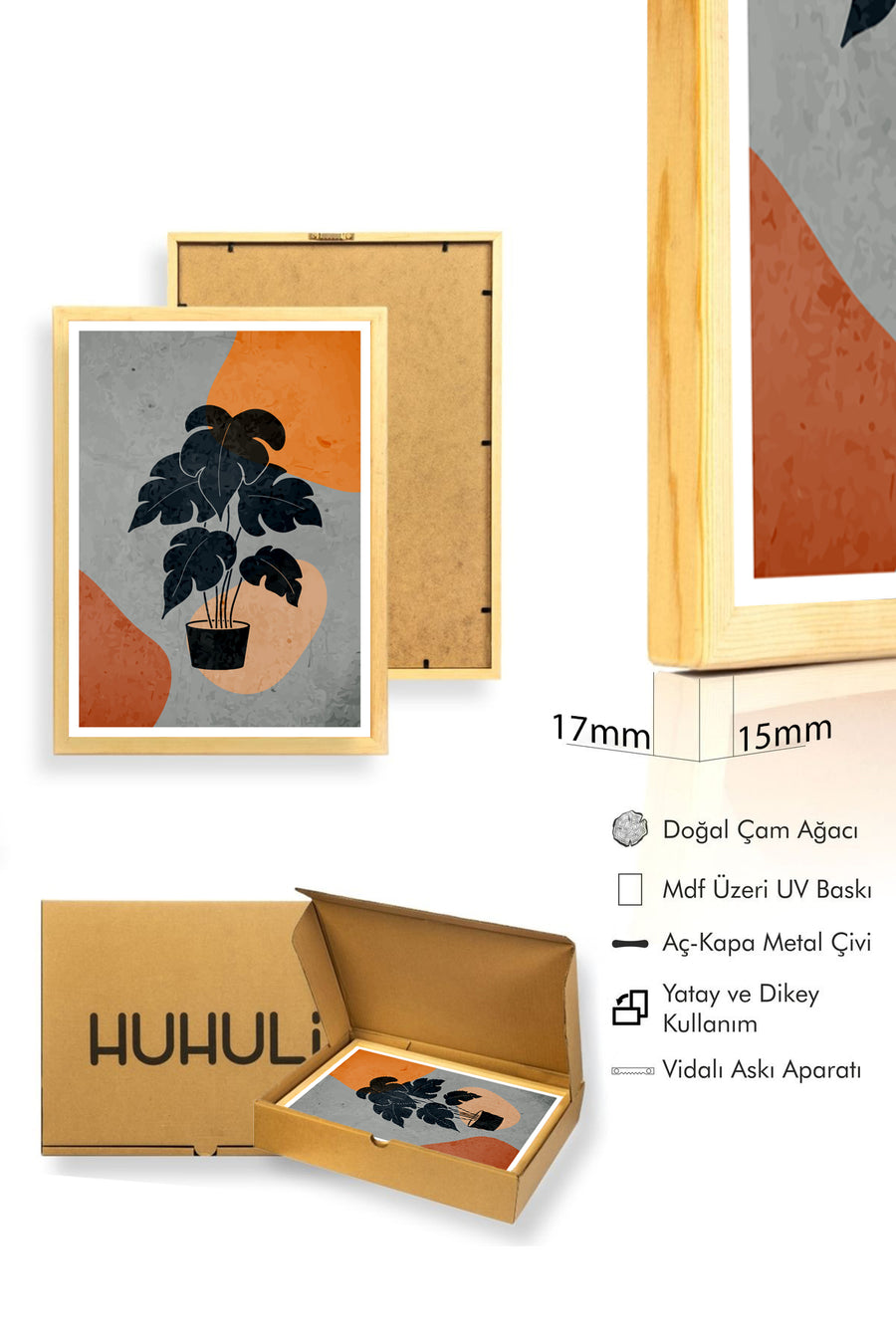 Doğal Ahşap Çerçeveli Minimal Yaprak Desenli Tablo - Canlı Tonlar | huhu1361