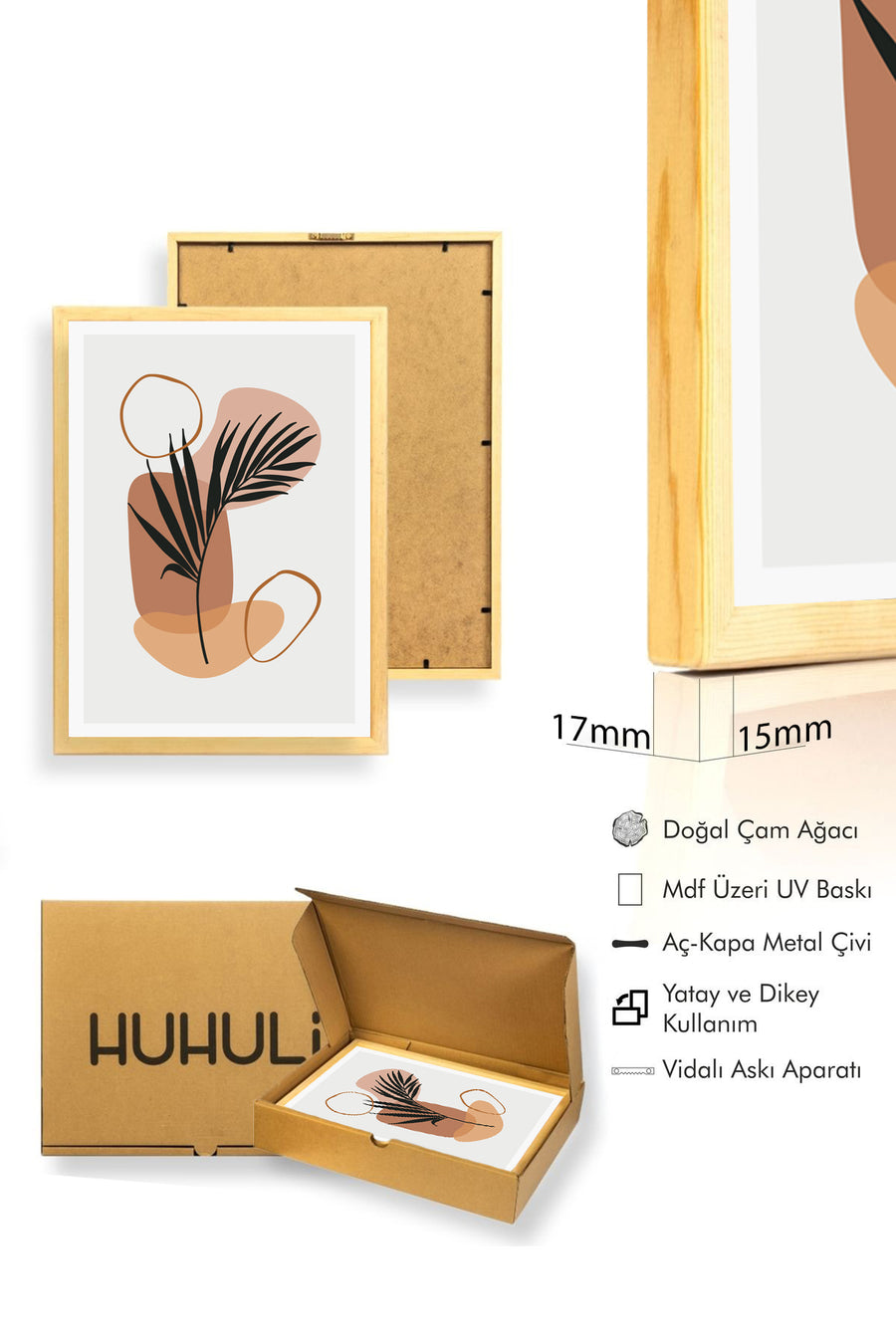 Doğal Ahşap Çerçeveli Minimal Yaprak Desenli Tablo - Pastel Tonlar | huhu1527