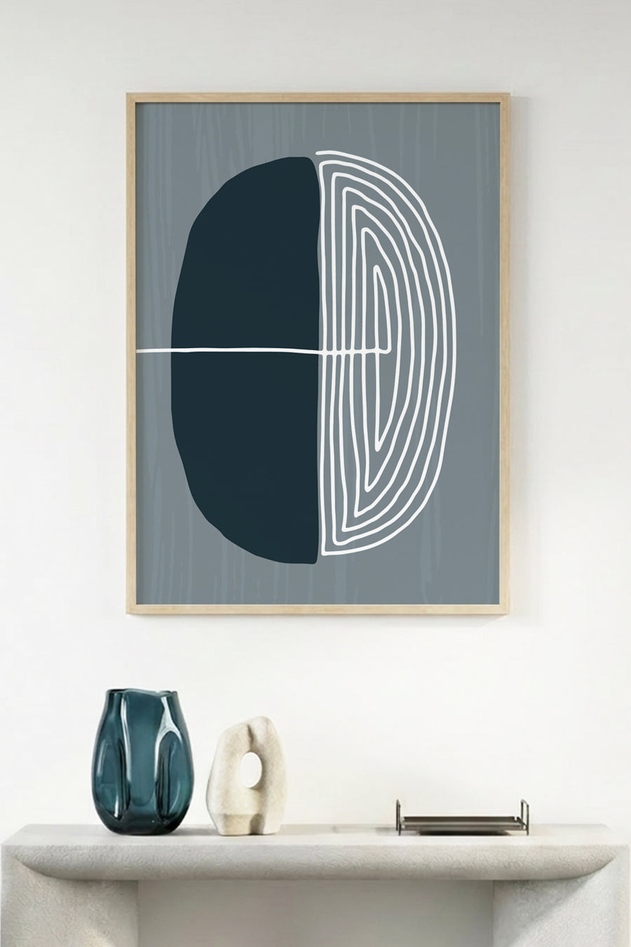 Doğal Ahşap Çerçeveli Minimal Geometrik Tablo - Soğuk Tonlar | huhu1036