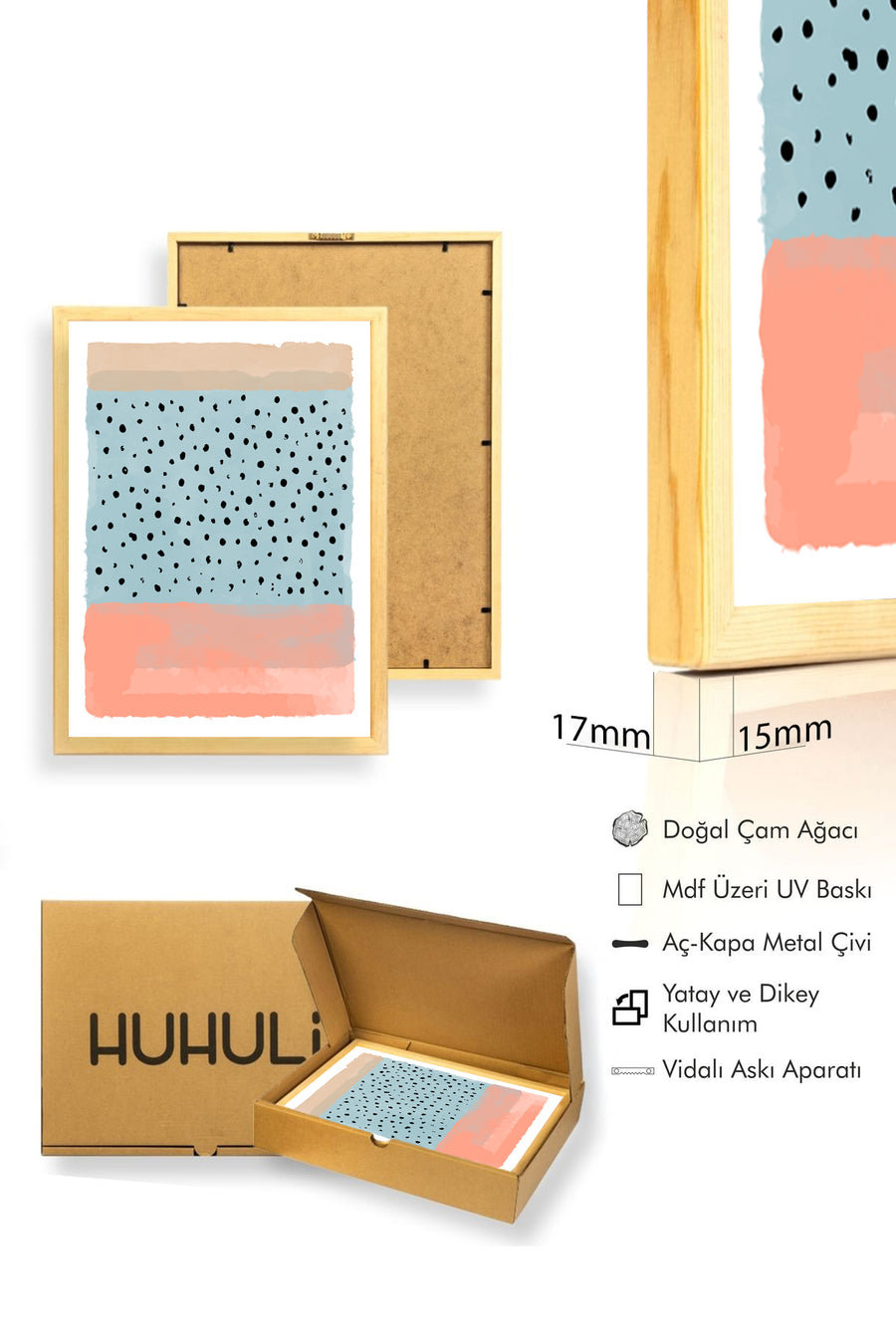 Doğal Ahşap Çerçeveli Soyut Noktalı Tablo - Canlı Tonlar | huhu1375
