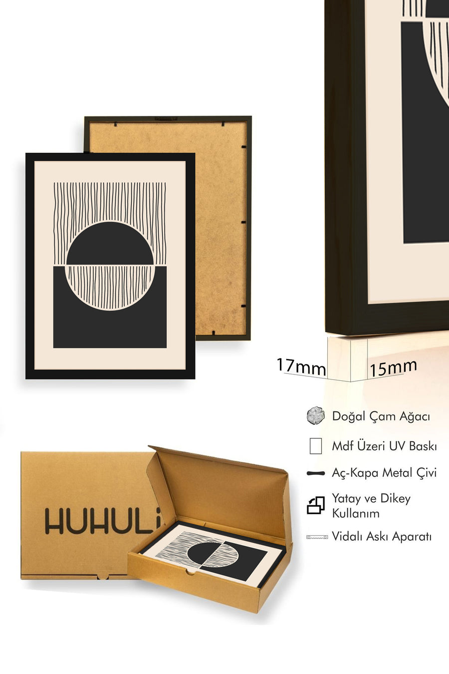 Doğal Ahşap Çerçeveli Minimal Geometrik Desenli Tablo - Siyah-Beyaz | huhu1425