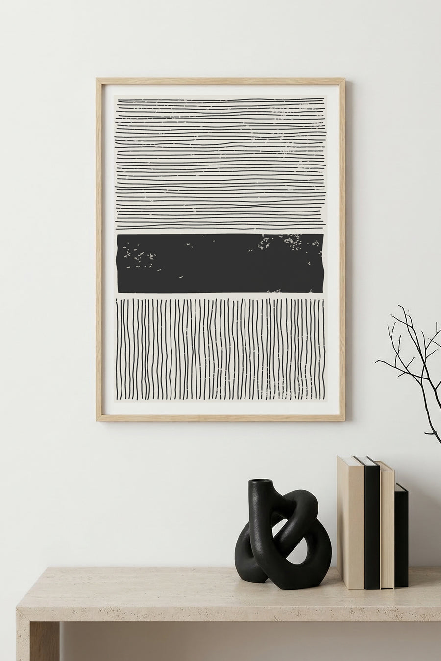 Doğal Ahşap Çerçeveli Çizgili Desenli Tablo - Minimal | huhu1534