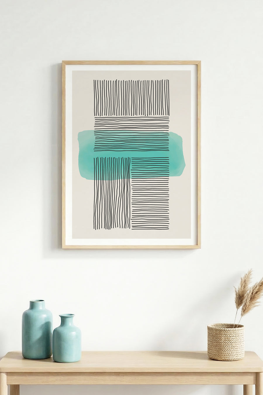 Doğal Ahşap Çerçeveli Çizgisel Desenli Tablo - Minimal | huhu1554