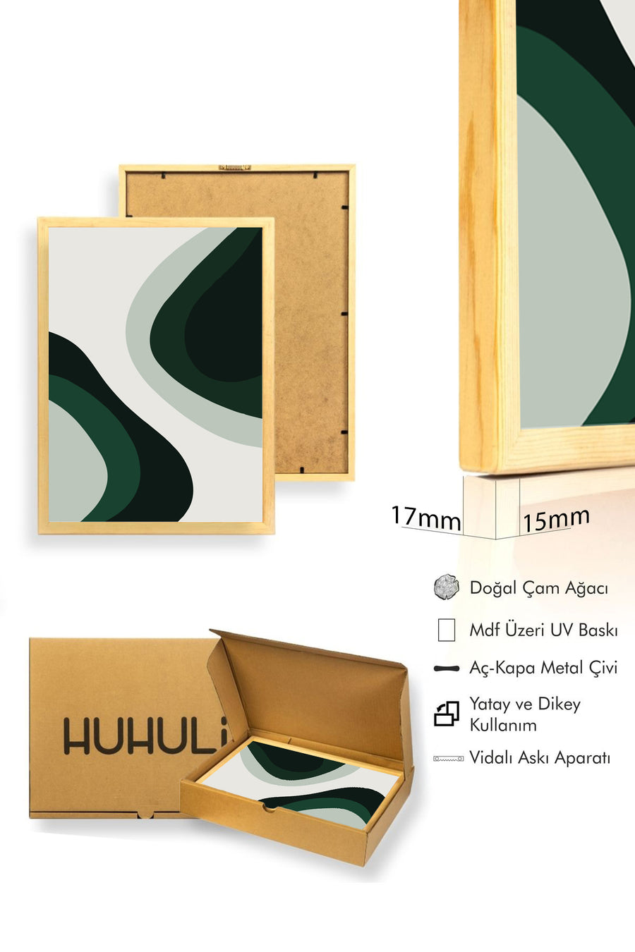 Doğal Ahşap Çerçeveli Soyut Desenli Tablo - Yeşil ve Beyaz Tonlar | huhu1009