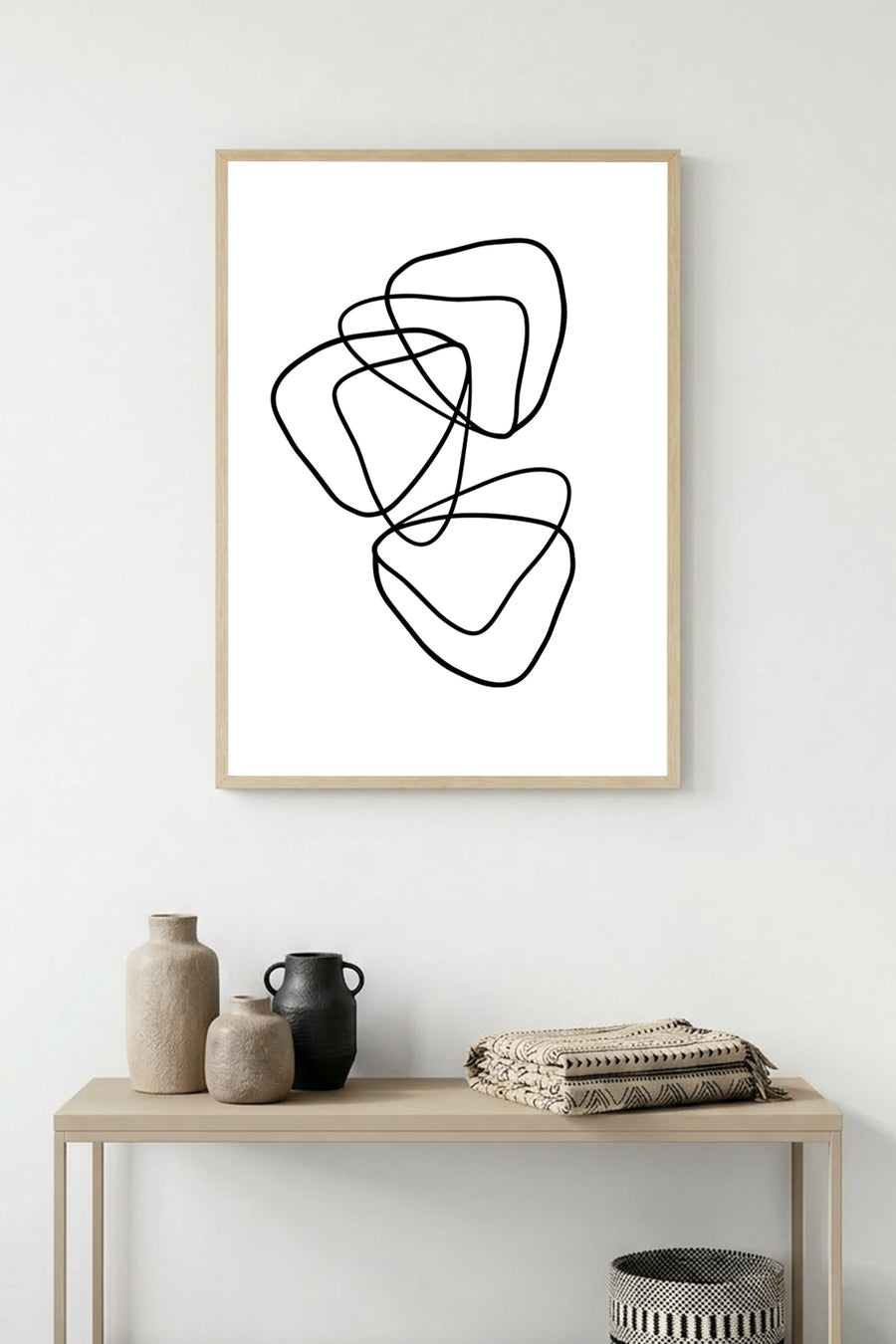 Doğal Ahşap Çerçeveli Minimal Line Art Tablo - Siyah Beyaz | huhu1080
