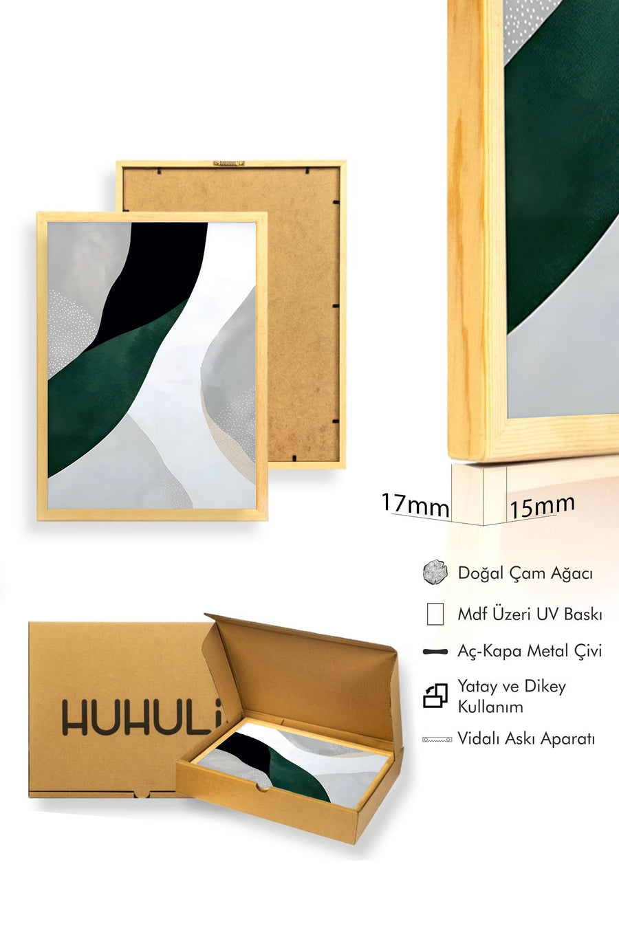Doğal Ahşap Çerçeveli Soyut Desenli Tablo - Canlı Tonlar | huhu1063