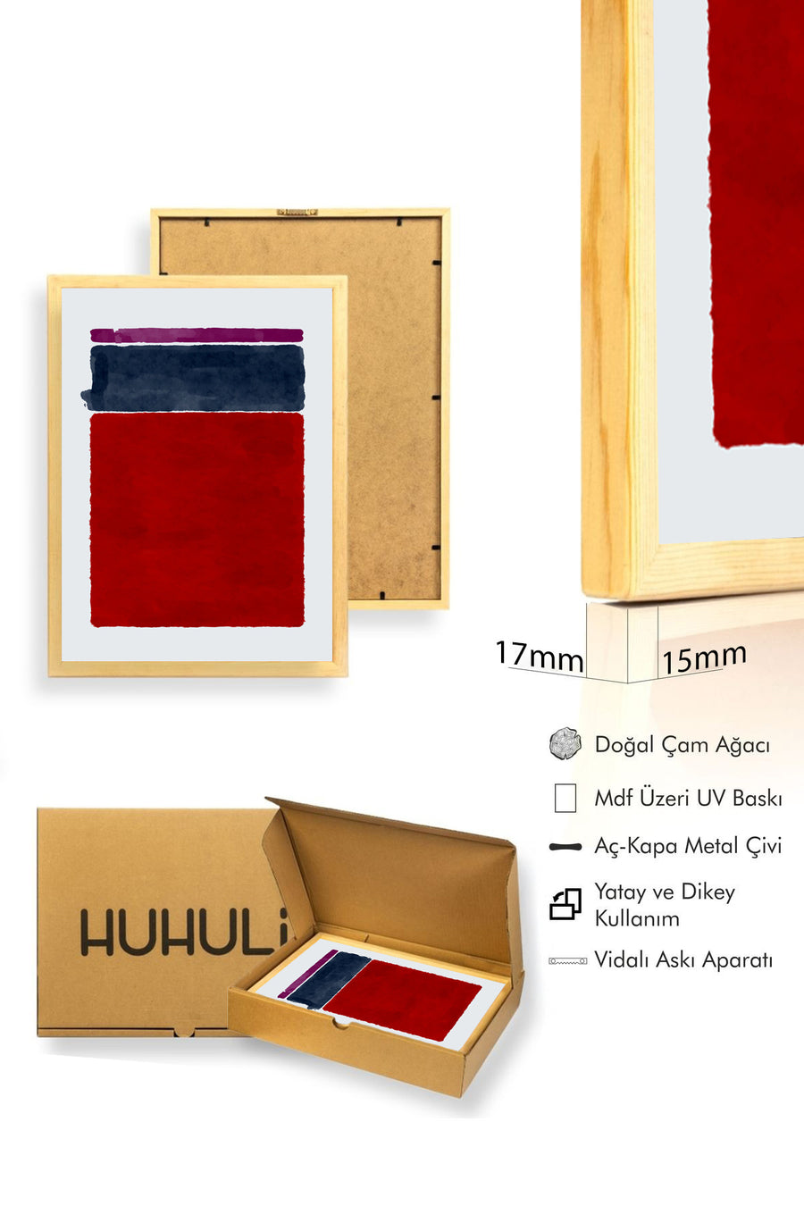 Doğal Ahşap Çerçeveli Soyut Renk Blokları Desenli Tablo - Canlı Tonlar | huhu1453