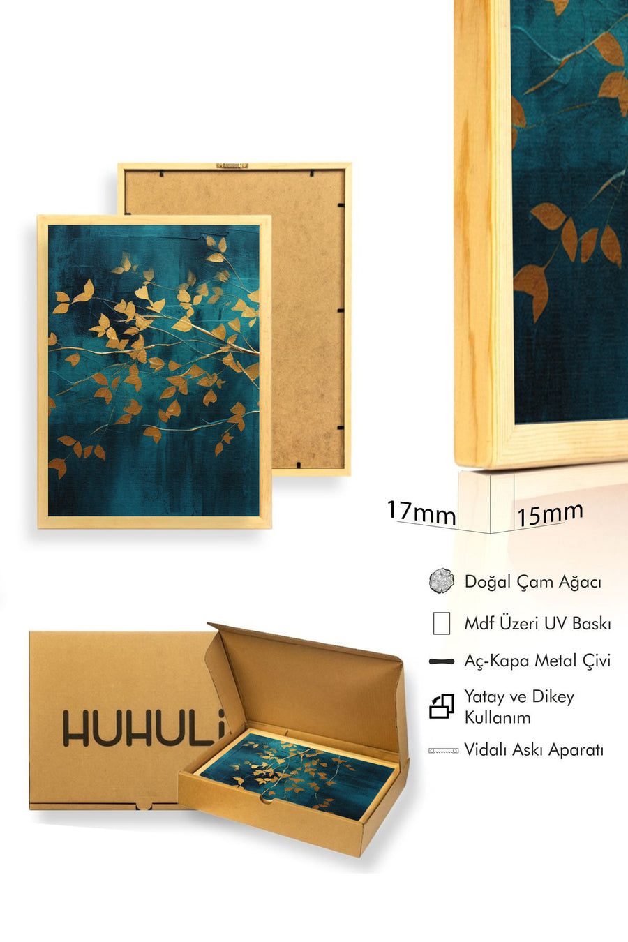 Doğal Ahşap Çerçeveli Yaprak Desenli Tablo - Canlı Tonlar | huhu1332