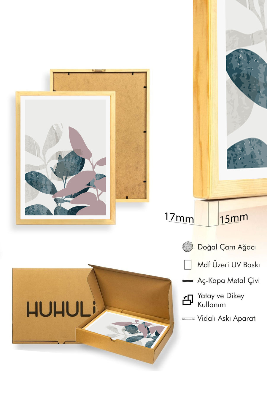 Doğal Ahşap Çerçeveli Yaprak Desenli Tablo - Pastel Tonlar | huhu1516