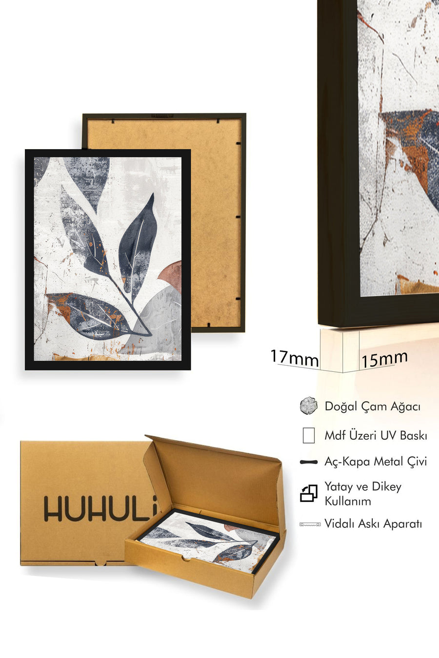 Doğal Ahşap Çerçeveli Yaprak Desenli Tablo - Minimal | huhu1284