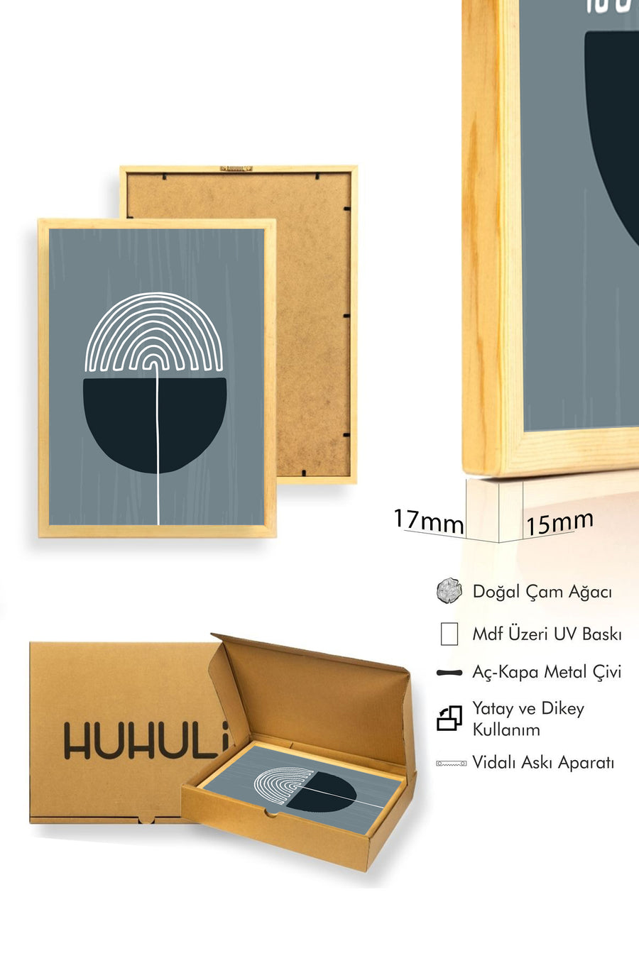 Doğal Ahşap Çerçeveli Minimal Geometrik Desenli Tablo - Pastel | huhu1492