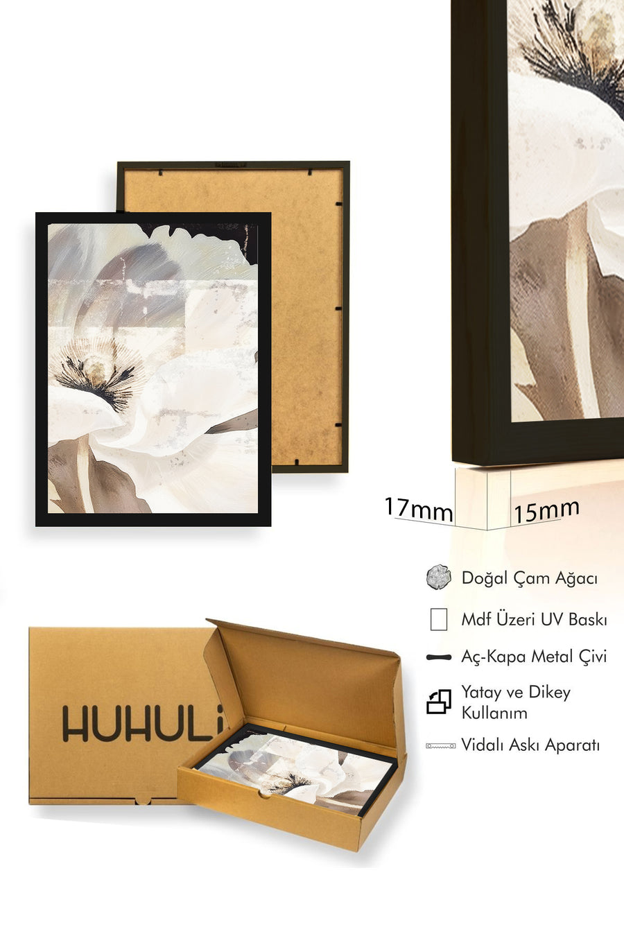 Doğal Ahşap Çerçeveli Çiçek Desenli Tablo - Pastel Tonlar | huhu1317