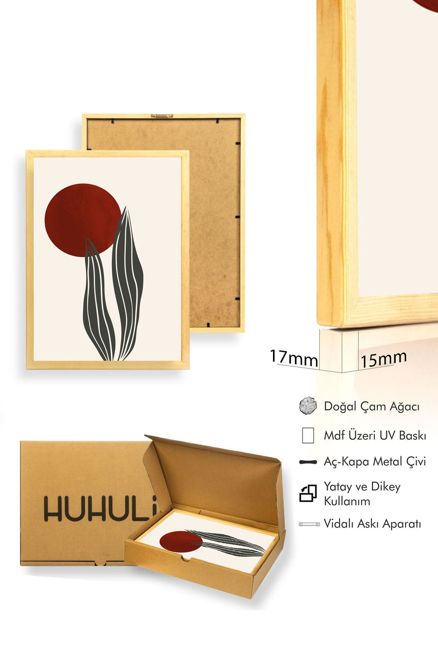 Doğal Ahşap Çerçeveli Soyut Yaprak Desenli Tablo - Pastel | huhu1432