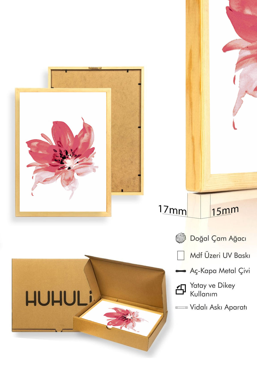 Doğal Ahşap Çerçeveli Çiçek Desenli Tablo - Canlı Tonlar | huhu1042