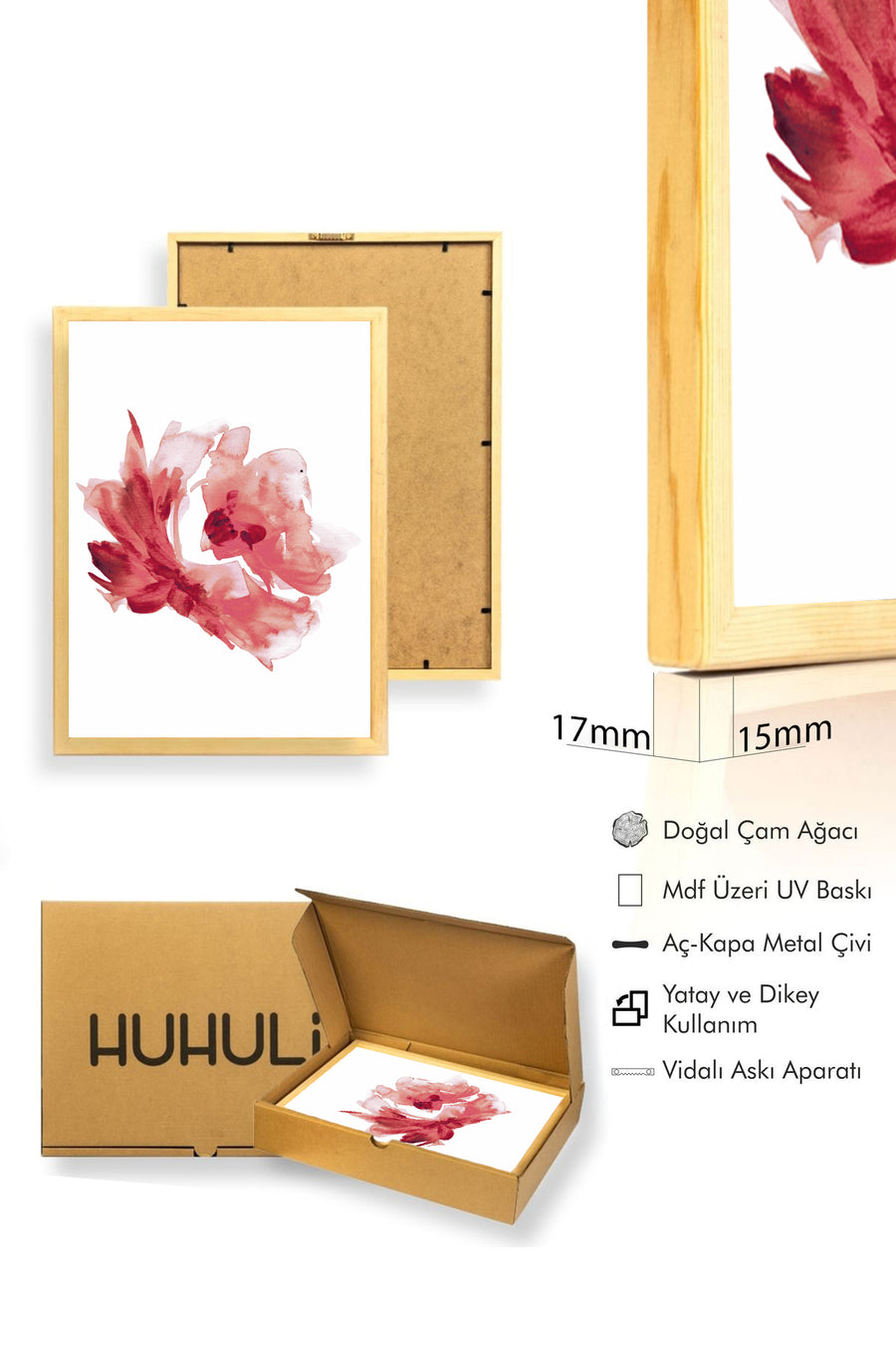 Doğal Ahşap Çerçeveli Çiçek Desenli Tablo - Pastel Tonlar | huhu1043