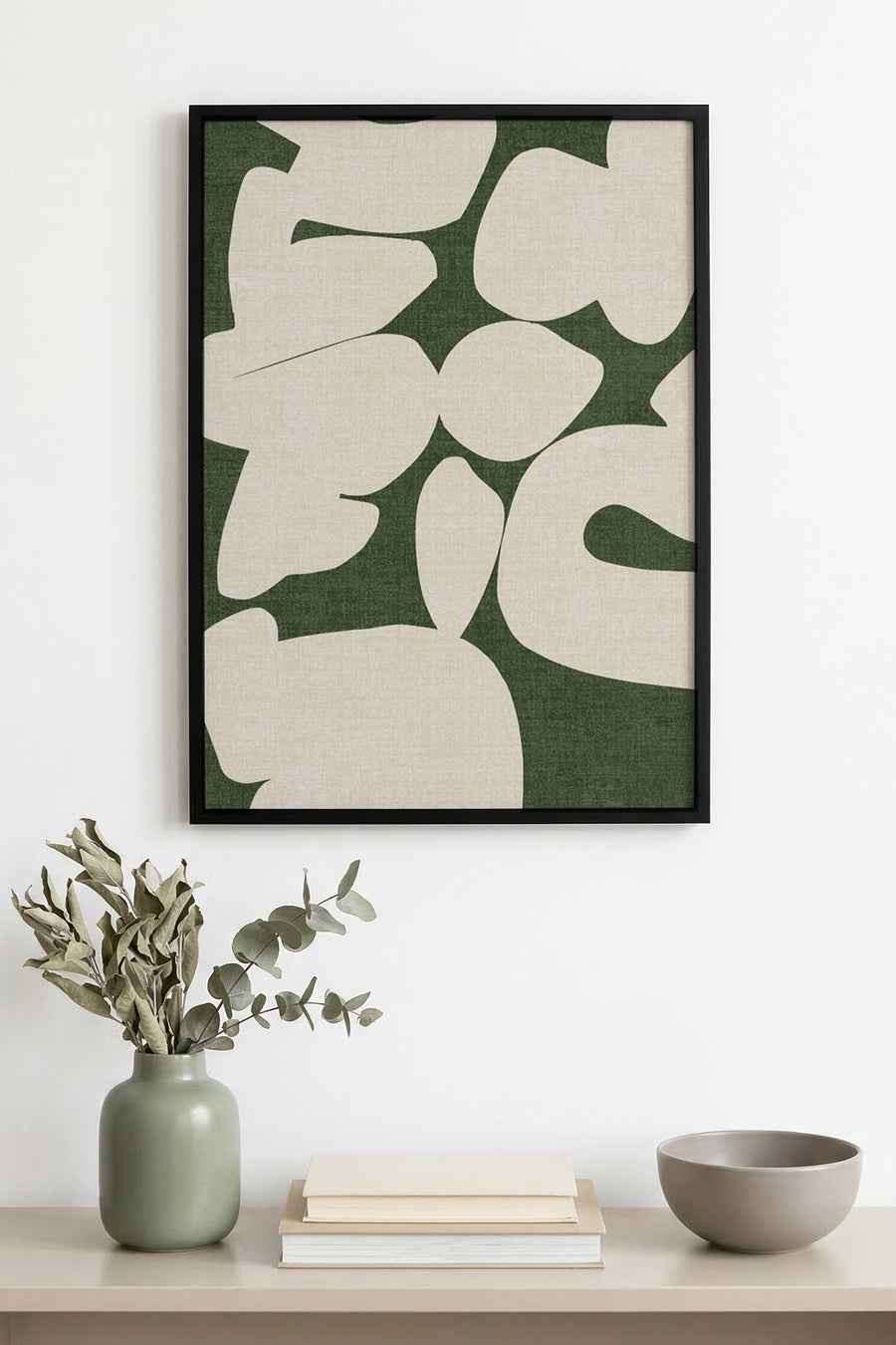 Doğal Ahşap Çerçeveli Soyut Desenli Tablo - Yeşil-Beyaz | huhu1006