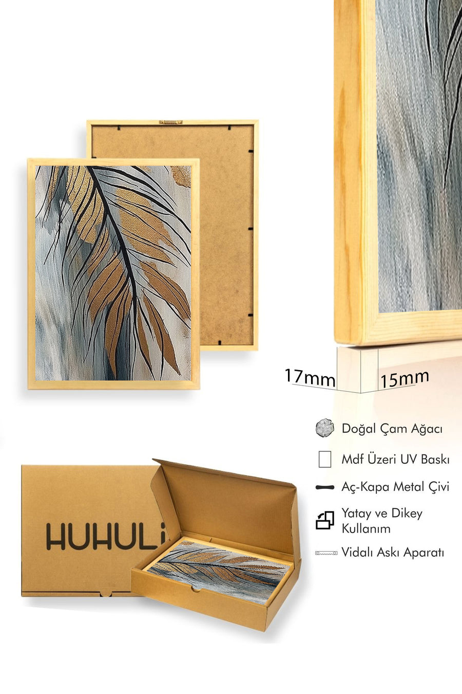 Doğal Ahşap Çerçeveli Yaprak Desenli Tablo - Pastel Tonlar | huhu1308