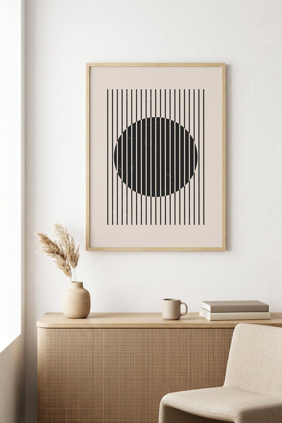 Doğal Ahşap Çerçeveli Minimal Çizgili Tablo - Soyut | huhu1032