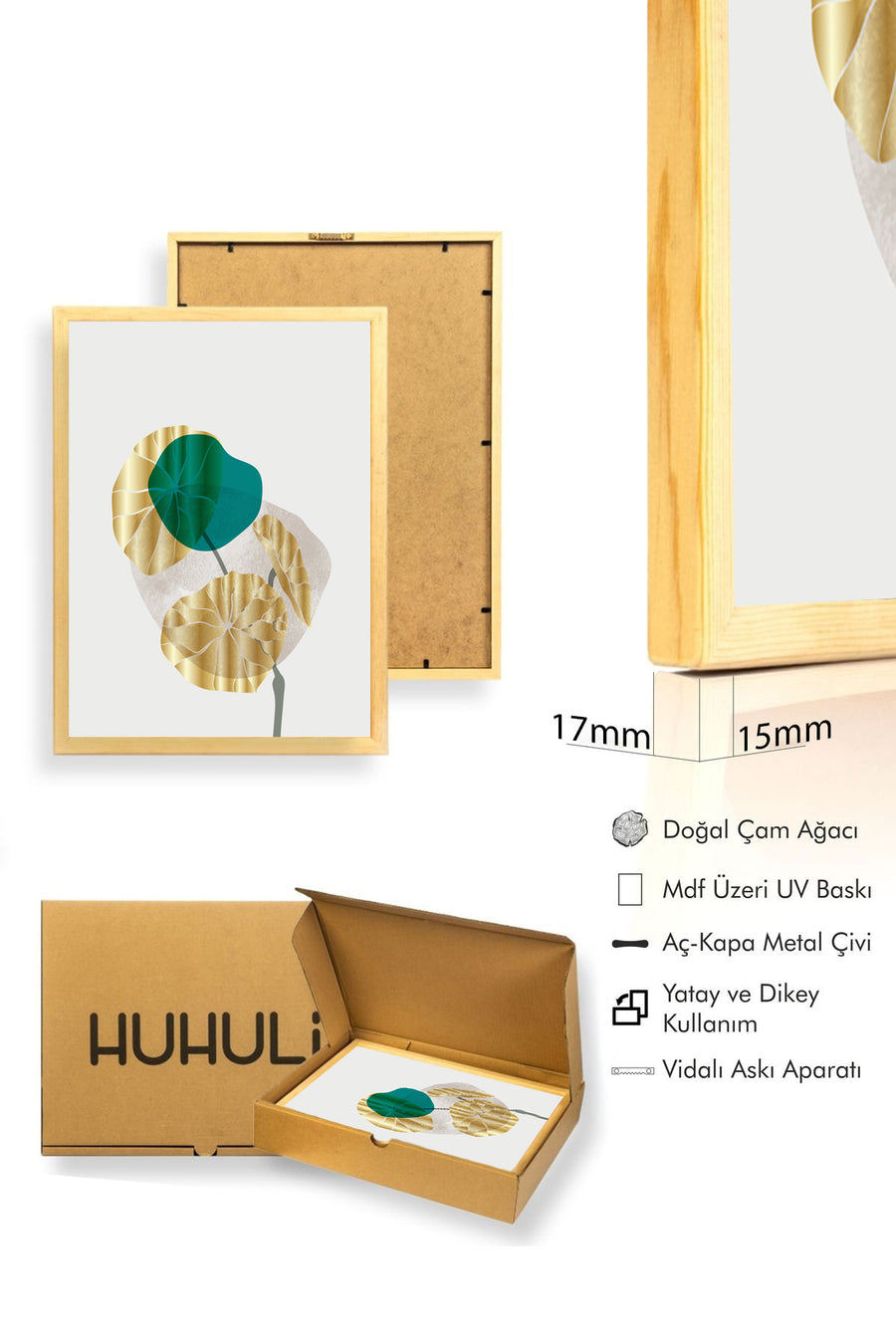 Doğal Ahşap Çerçeveli Çiçek Desenli Tablo - Minimal | huhu1398
