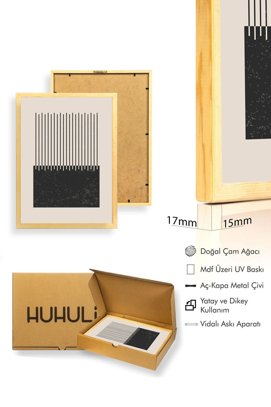 Doğal Ahşap Çerçeveli Minimal Çizgili Tablo - Siyah-Beyaz | huhu1031