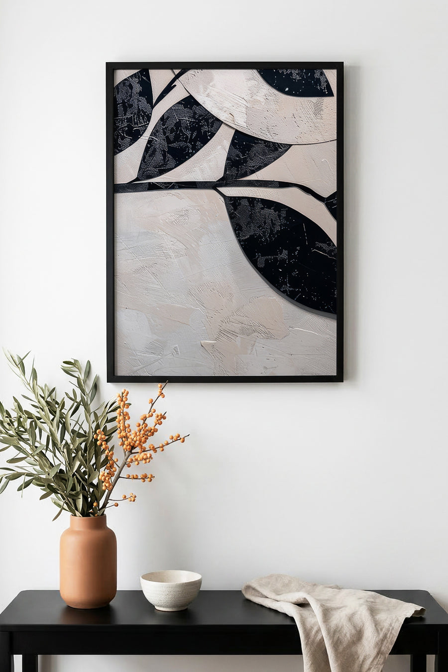 Doğal Ahşap Çerçeveli Minimal Yaprak Desenli Tablo - Siyah-Beyaz | huhu1279