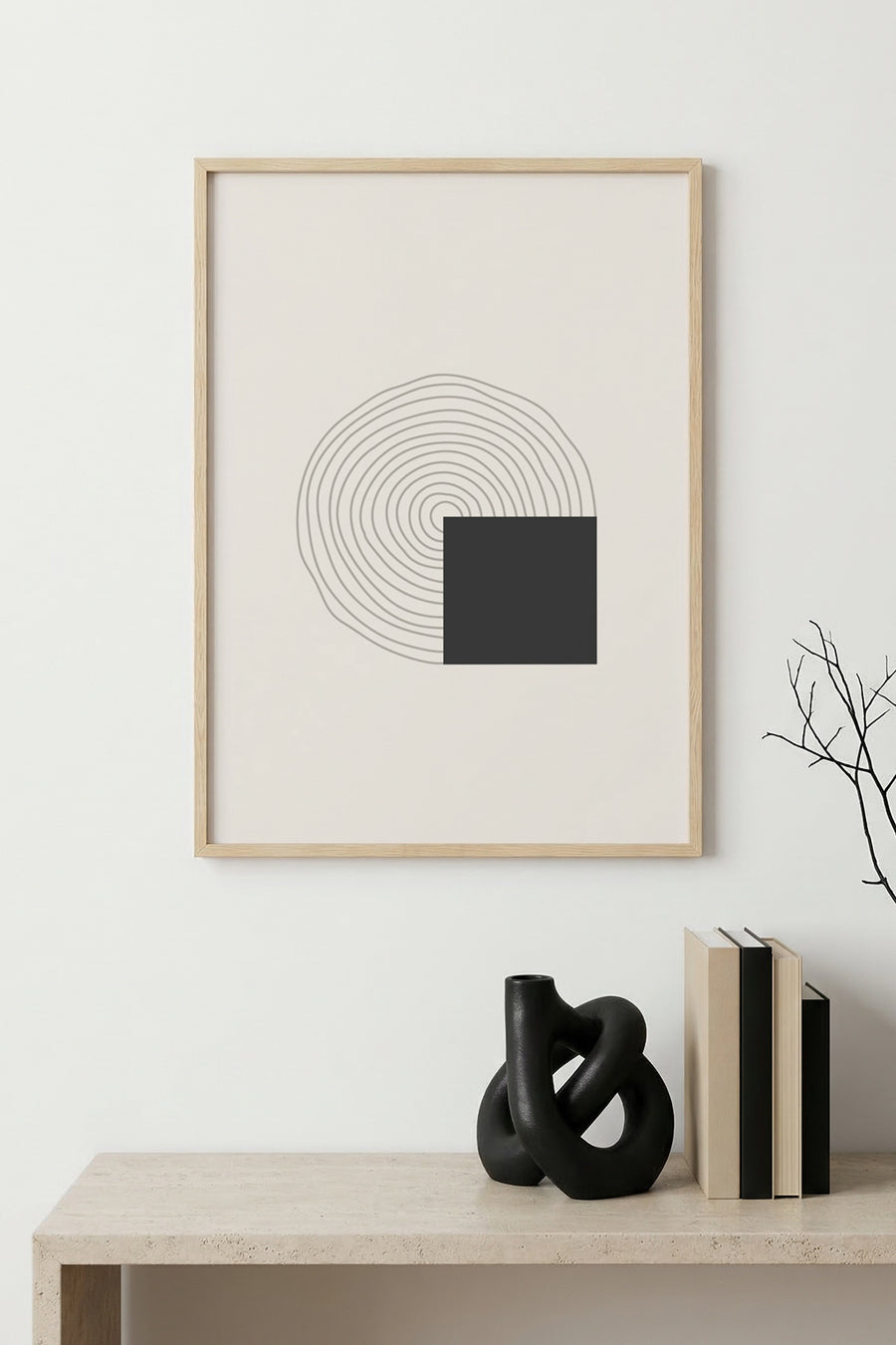Doğal Ahşap Çerçeveli Minimal Desenli Tablo - Soyut | huhu1436