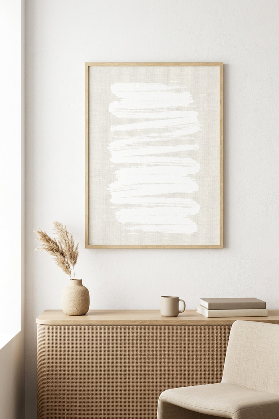 Doğal Ahşap Çerçeveli Minimal Beyaz Fırça Desenli Tablo - Pastel | huhu1069